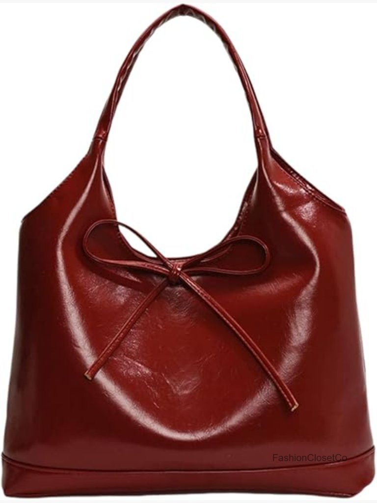 Large Slouchy Hobo Bag With Bow Tie Detail - Faux Leather Shoulder Handbag For